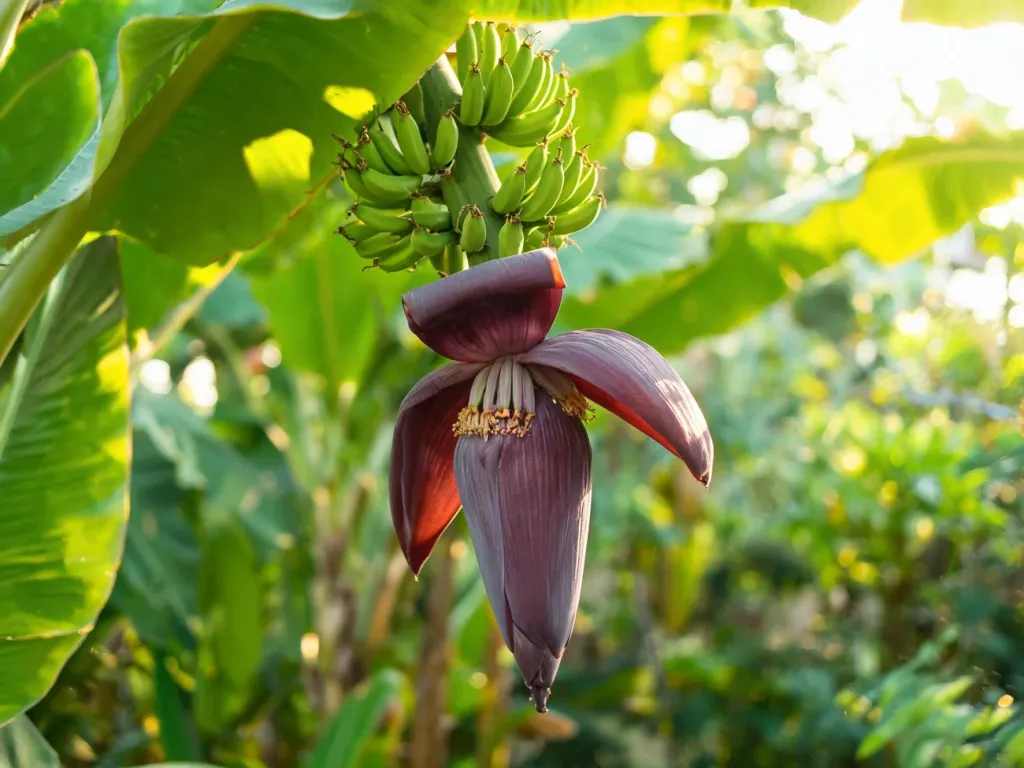 Fioletowy kwiat bananowca zwisający pod młodymi zielonymi bananami w słonecznym, tropikalnym ogrodzie.