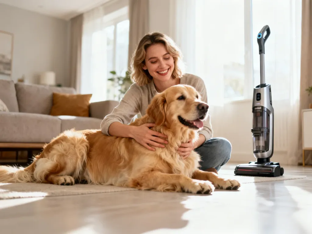 Uśmiechnięta kobieta głaszcząca golden retrievera w czystym salonie z nowoczesnym odkurzaczem w tle.