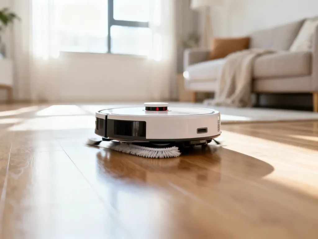Nowoczesny robot sprzątający odkurza i mopuje jasną, minimalistyczną przestrzeń salonu z drewnianą podłogą.