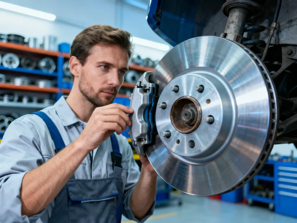 Mechanik w profesjonalnym warsztacie dokonuje inspekcji tarczy hamulcowej marki Kamoka.