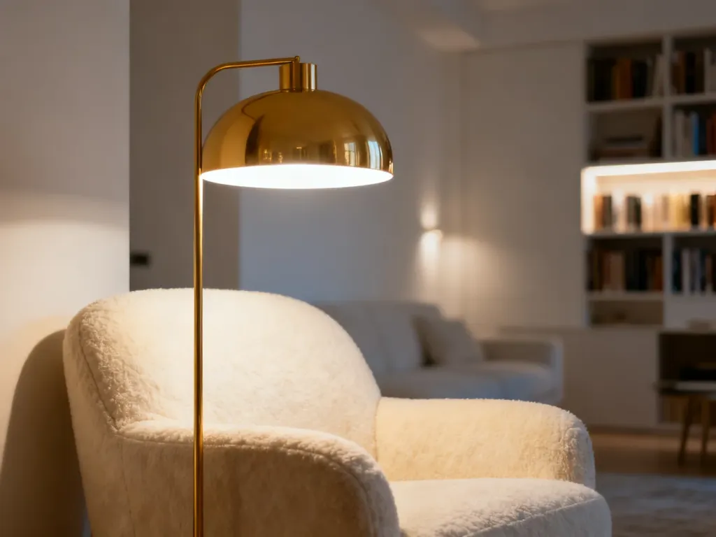 Przytulny salon oświetlony ciepłym światłem lampy podłogowej, tworzący relaksującą i domową atmosferę.