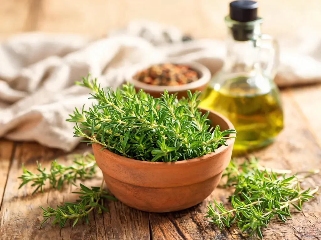 Świeży cząber ogrodowy w miseczce na rustykalnym stole kuchennym, gotowy do wykorzystania jako aromatyczna przyprawa.