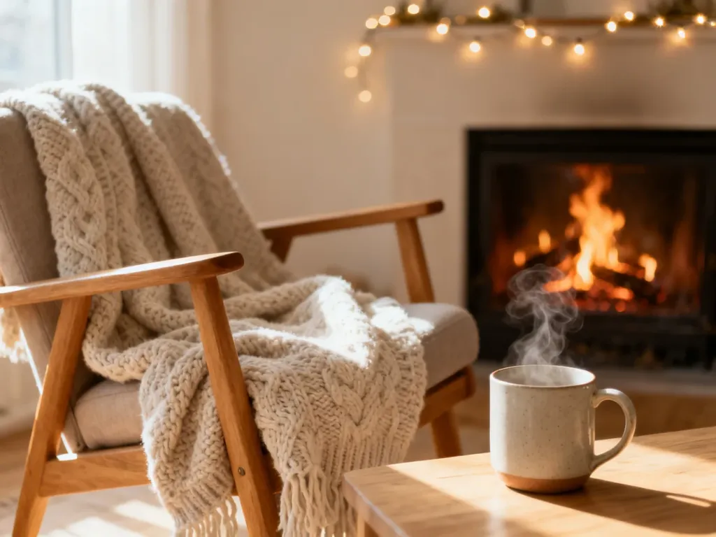 Przytulny salon w stylu skandynawskim z fotelem, kocem i kominkiem, tworzący atmosferę hygge.