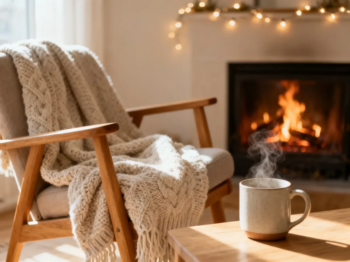Przytulny salon w stylu skandynawskim z fotelem, kocem i kominkiem, tworzący atmosferę hygge.