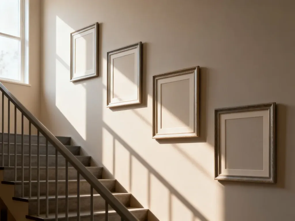 Nowoczesna klatka schodowa z minimalistyczną galerią pustych ramek w ciepłych, neutralnych odcieniach.