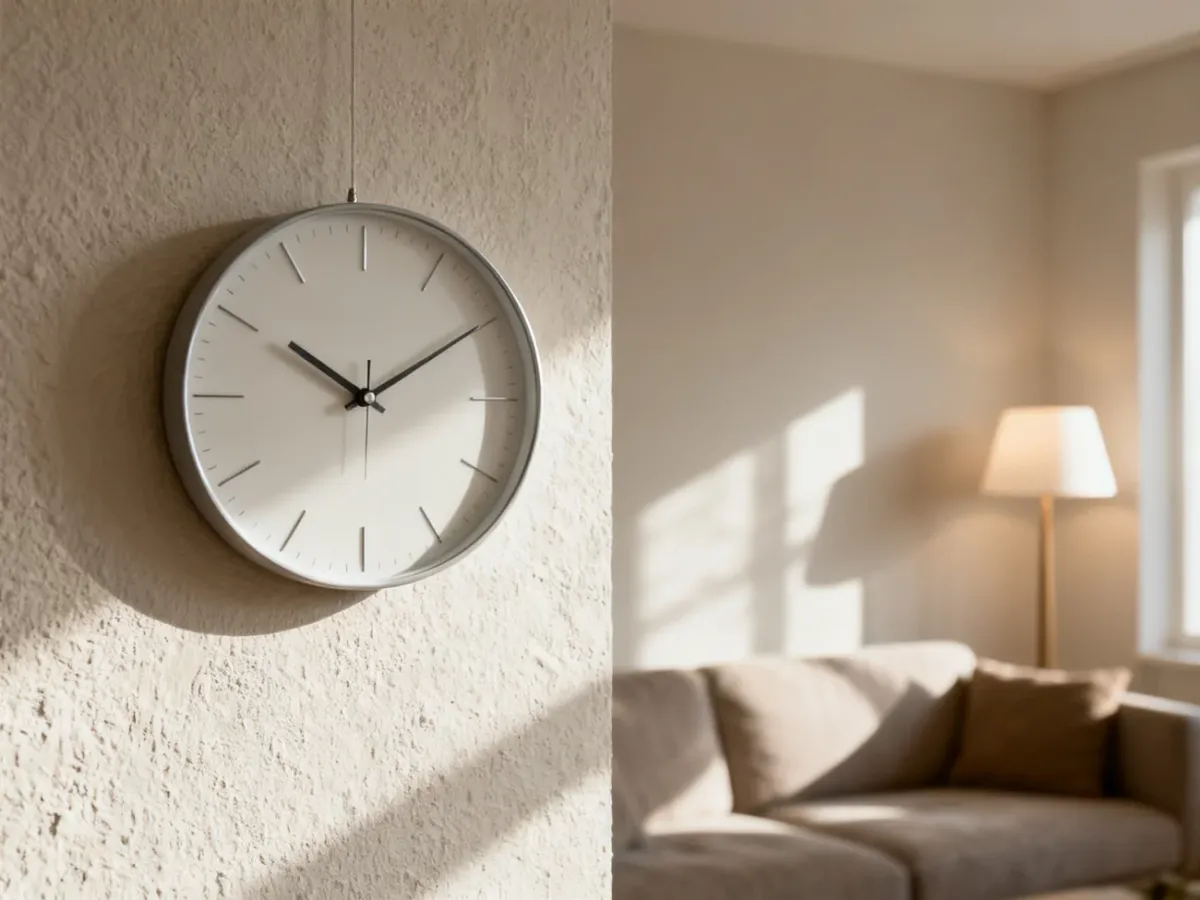 Elegancki zegar ścienny zawieszony na wysokości wzroku w nowoczesnym, minimalistycznym salonie.