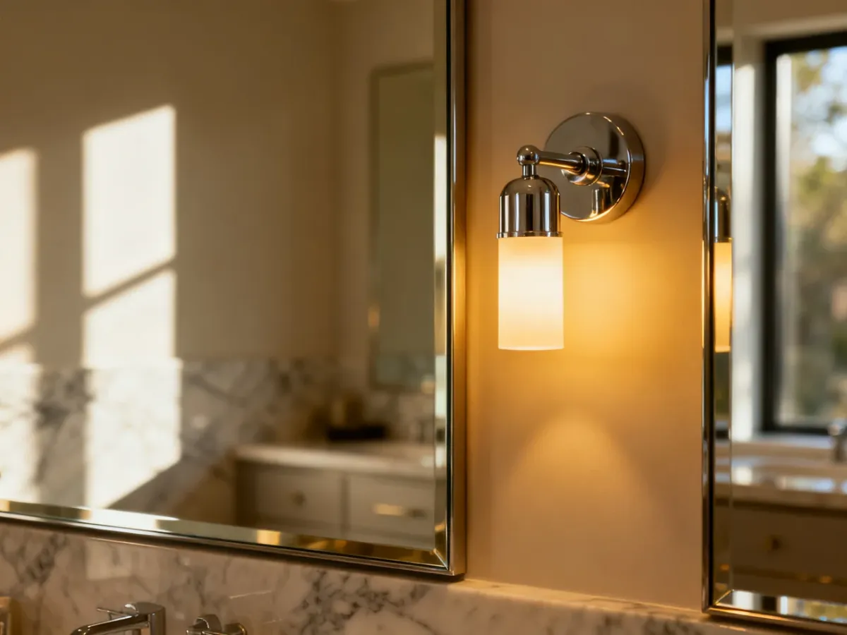 Minimalistyczna lampa ścienna zamontowana nad lustrem w nowoczesnej łazience, emitująca delikatne, ciepłe światło.