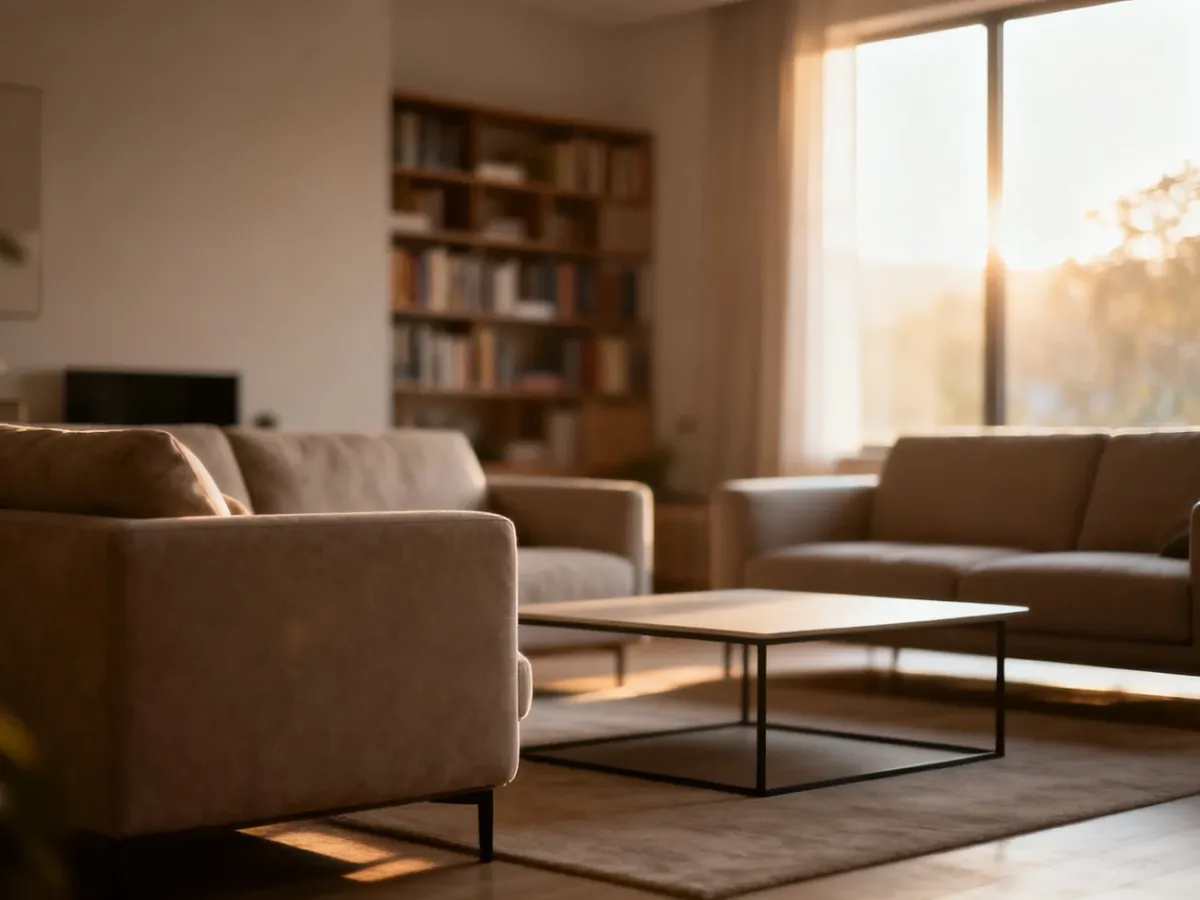 Nowoczesny salon z wygodną sofą i minimalistycznym stolikiem, skąpany w ciepłym, naturalnym świetle poranka.