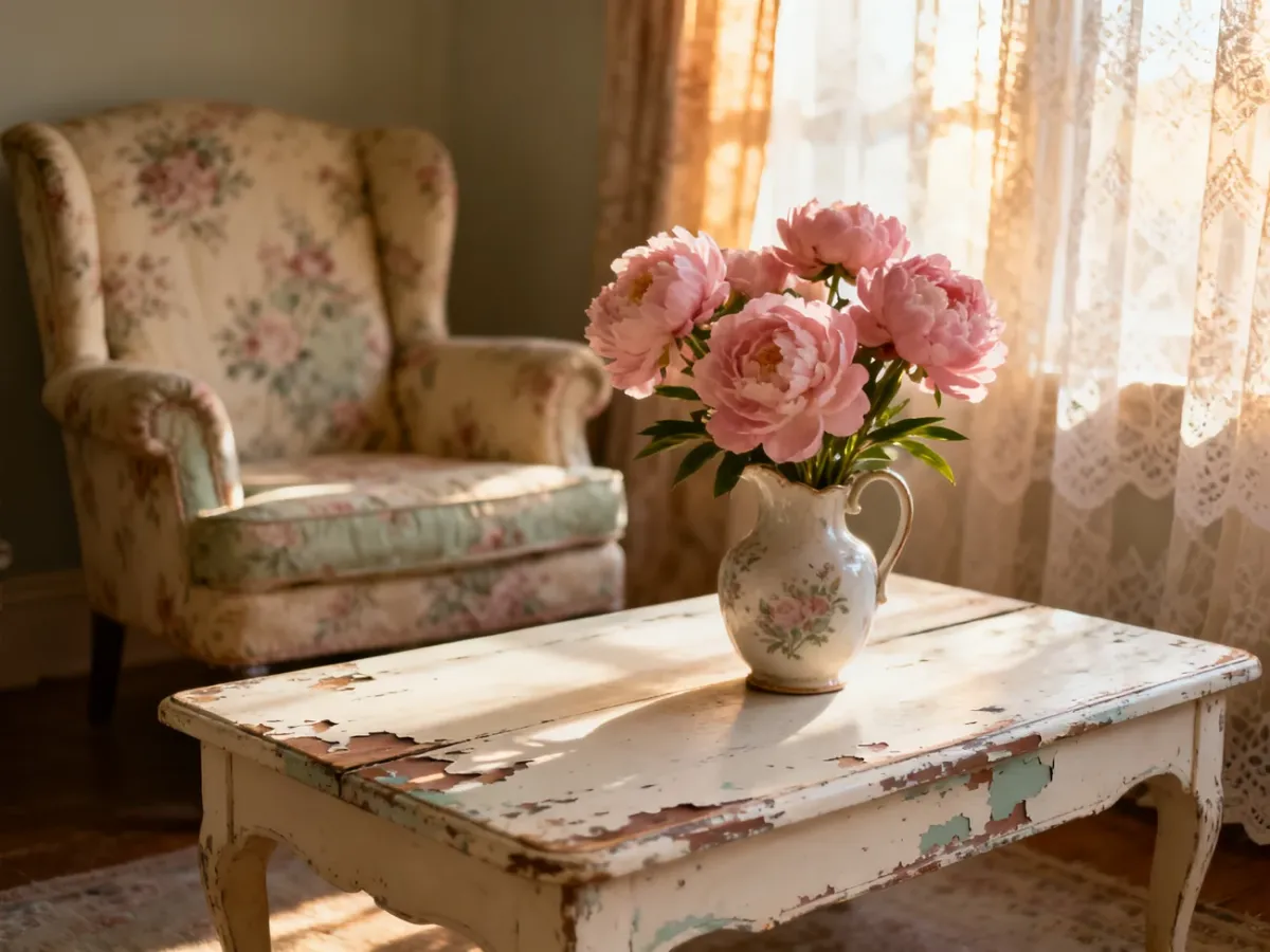 Przytulny kącik w stylu shabby chic z postarzanym stolikiem, bukietem piwonii i kwiecistym fotelem w pastelowych barwach.