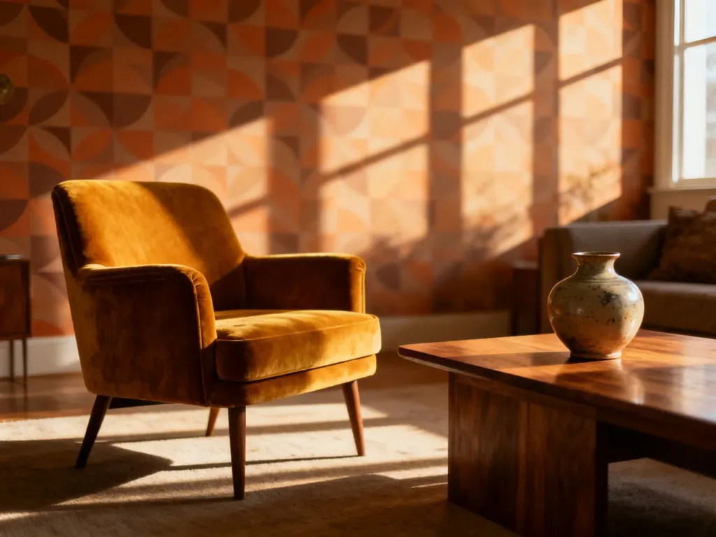 Przytulny salon w stylu mid-century modern z musztardowym fotelem, drewnianym stolikiem i geometryczną tapetą retro.