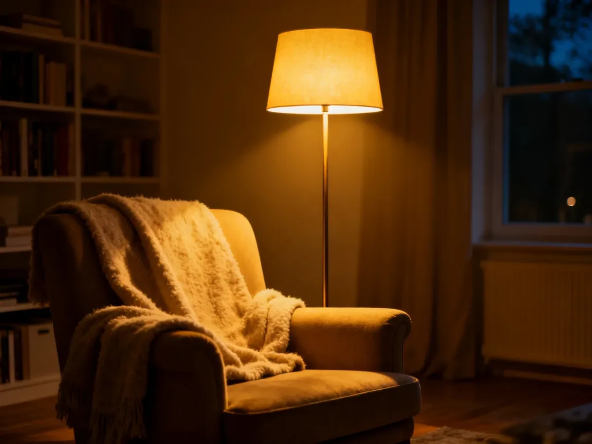 Nowoczesny salon z przytulnym fotelem i lampą podłogową emitującą ciepłe, złociste światło LED.