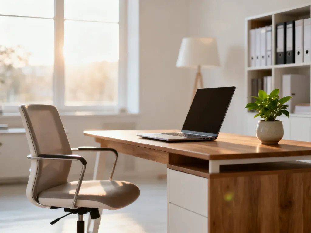 Nowoczesne, minimalistyczne biuro domowe z drewnianym biurkiem, ergonomicznym krzesłem i rośliną w jasnym, słonecznym wnętrzu.