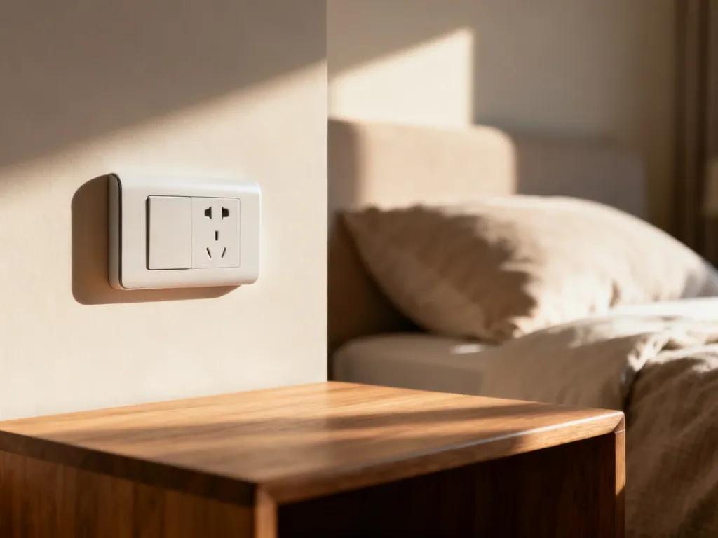 Nowoczesne gniazdko elektryczne zamontowane na ergonomicznej wysokości nad sypialnianą szafką nocną.