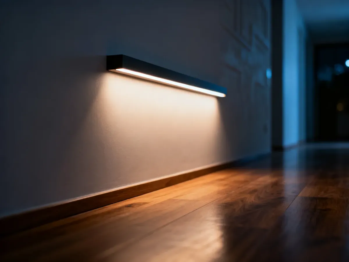 Nowoczesny korytarz z oświetleniem LED zamontowanym 10 cm nad podłogą, tworzącym delikatną poświatę na drewnianej posadzce.