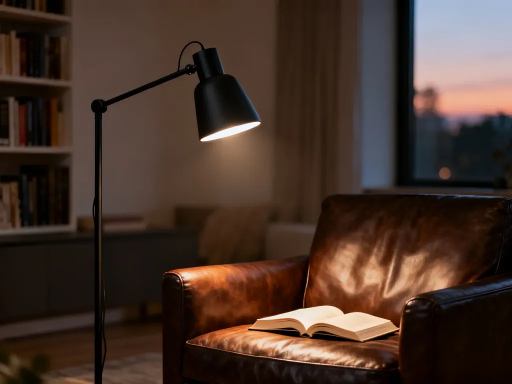 Nowoczesna czarna lampa podłogowa z regulowanym ramieniem, oświetlająca książkę na skórzanym fotelu w przytulnym salonie.