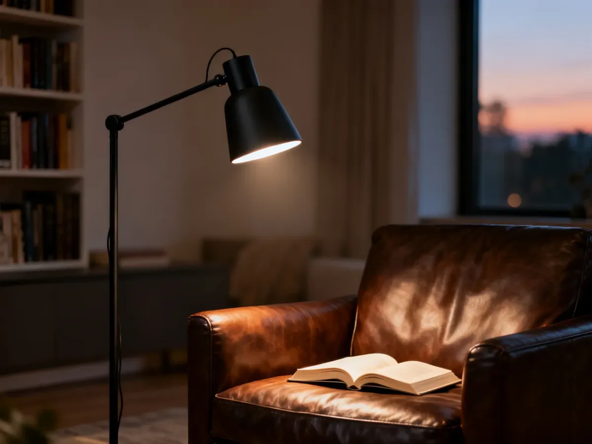 Nowoczesna czarna lampa podłogowa z regulowanym ramieniem, oświetlająca książkę na skórzanym fotelu w przytulnym salonie.