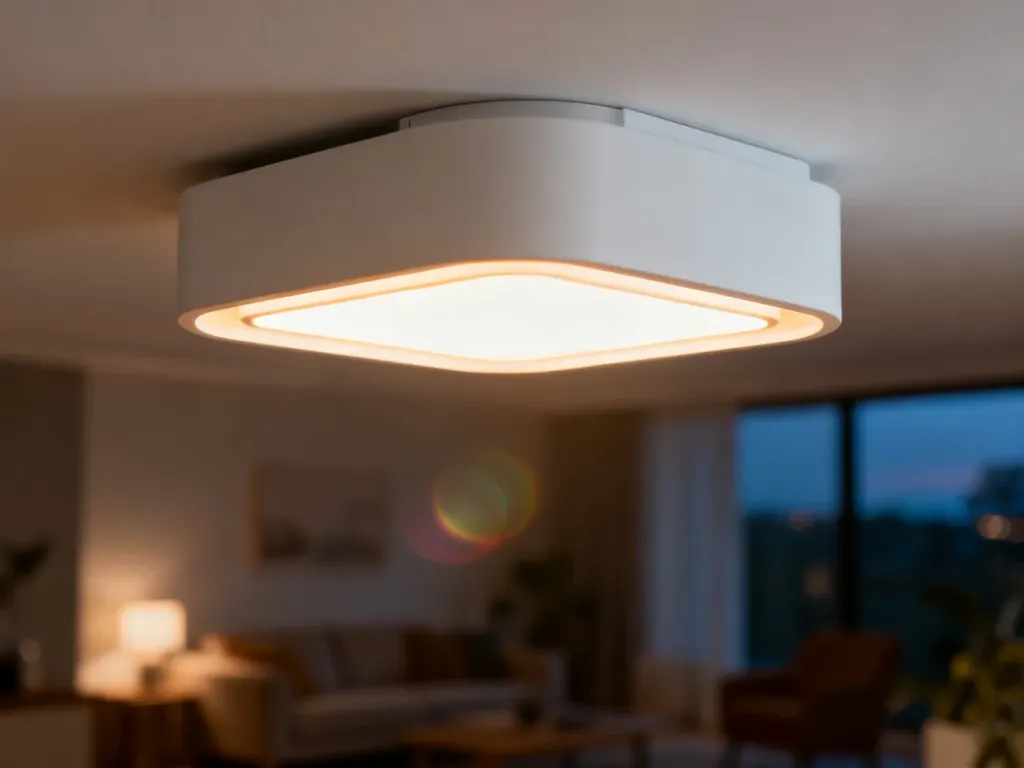 Nowoczesna lampa sufitowa z wbudowanym modułem LED emitująca ciepłe, nastrojowe światło w przytulnym salonie.