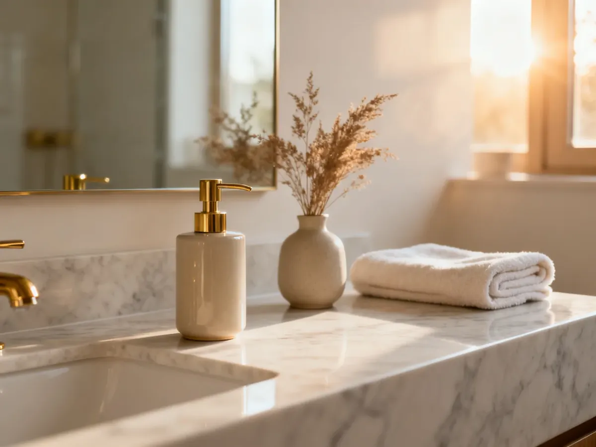 Eleganckie ceramiczne akcesoria na marmurowym blacie w nowoczesnej łazience, podkreślające styl i przytulność wnętrza.
