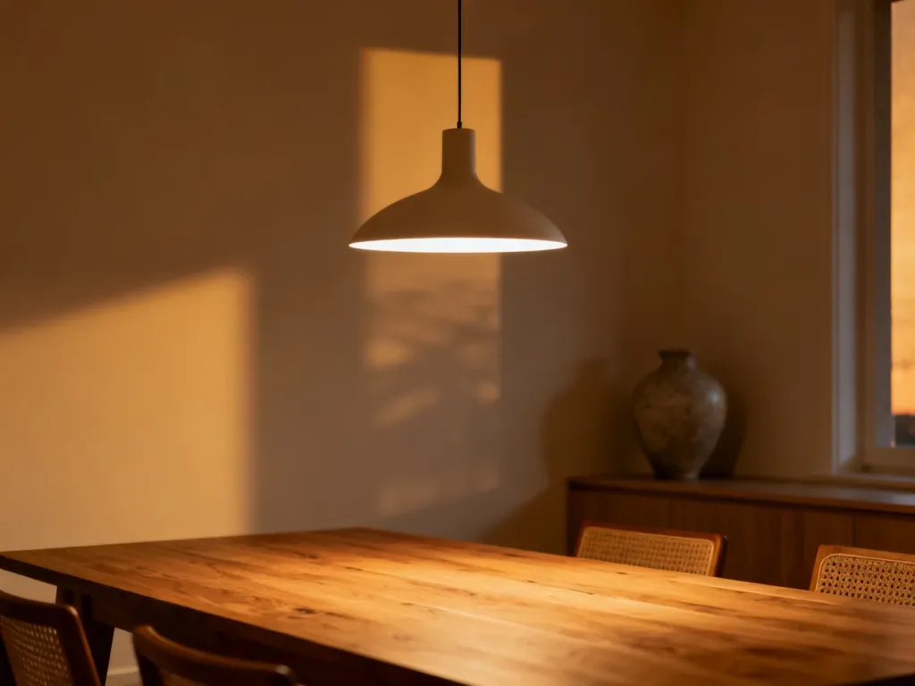 Elegancka, minimalistyczna lampa wisząca nad dębowym stołem w przytulnej jadalni o ciepłym oświetleniu.