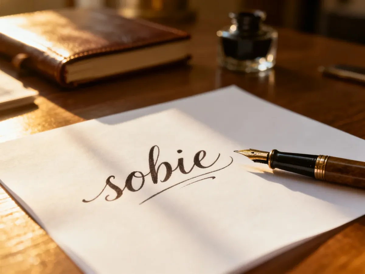 Eleganckie pióro wieczne spoczywa na papierze, na którym kaligraficznym pismem zapisano słowo „sobie”.