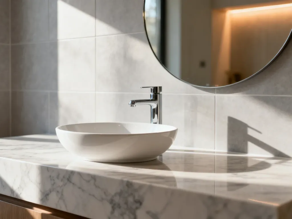 Nowoczesna łazienka z marmurowym blatem, designerską umywalką i okrągłym lustrem, utrzymana w minimalistycznym stylu.