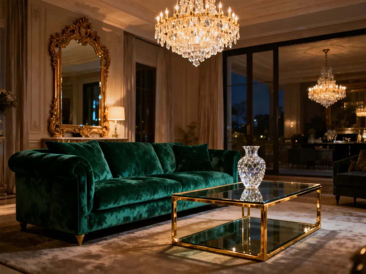 Luksusowy salon w stylu glamour z szmaragdową sofą, złotym stolikiem i kryształowym żyrandolem tworzącymi elegancki nastrój.