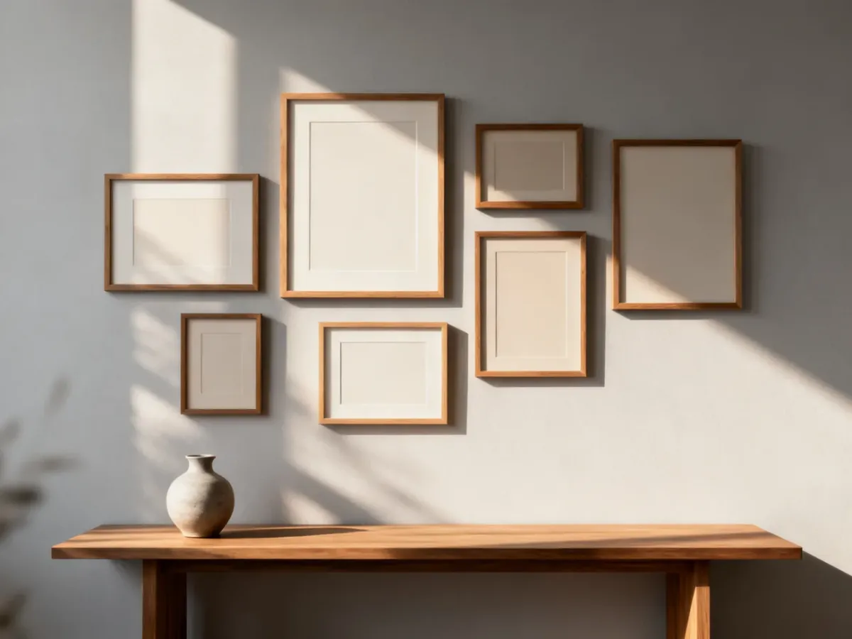 Minimalistyczny salon z galerią pustych ramek na ścianie oraz drewnianą konsolą, prezentujący inspirację do aranżacji wnętrz.