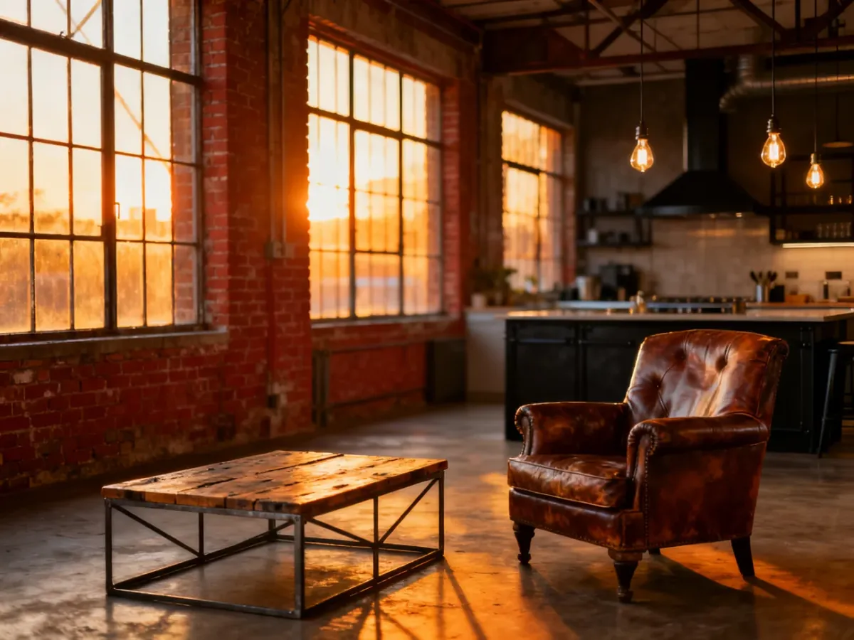 Przestronny loft w stylu industrialnym z ceglanymi ścianami, skórzanym fotelem i oświetleniem typu Edison.