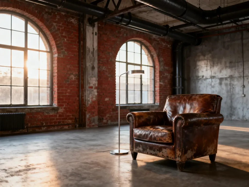 Salon w stylu loft z ceglaną ścianą, skórzanym fotelem i dużymi oknami, podkreślający industrialny charakter wnętrza.