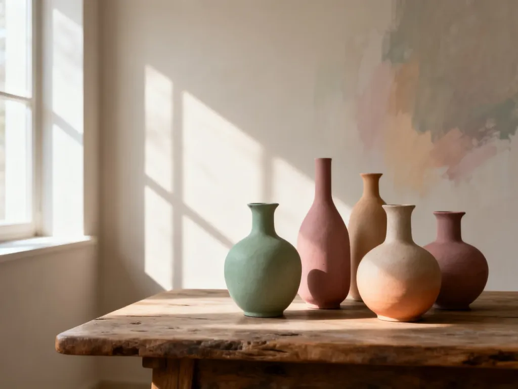 Kompozycja ceramicznych wazonów w stonowanych odcieniach ziemi na drewnianym stole, tworząca spokojną i elegancką aranżację.