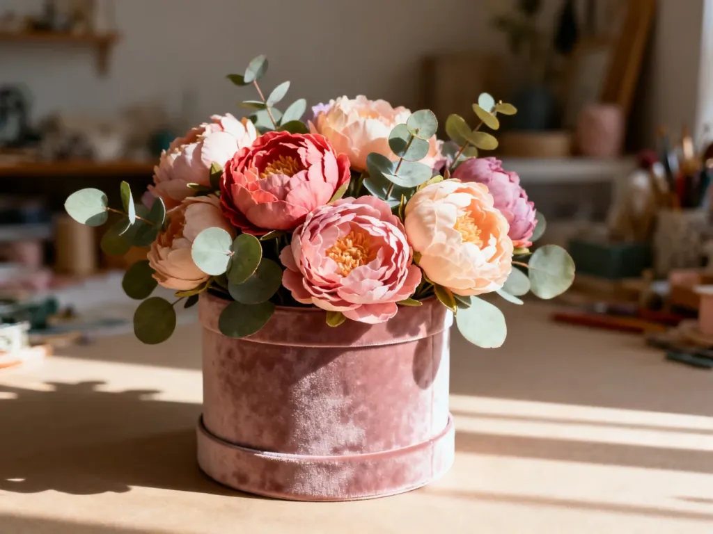 Elegancki flower box z realistycznymi sztucznymi piwoniami i eukaliptusem w welurowym pudełku, utrzymany w pastelowej tonacji.